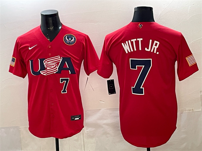Men's USA Baseball #7 Bobby Witt Jr. Red 2026 World Baseball Classic United States 250th Anniversary Patch Stadium Stitched Jersey Men's USA Baseball #7 Bobby Witt Jr. Red 2026 World Baseball Classic United States 250th Anniversary Patch Stadium Stitched Jersey